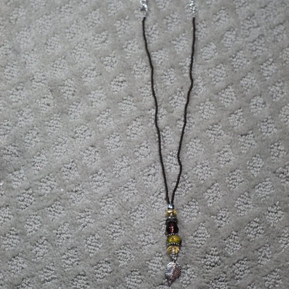 Cord Necklace with Beads & Metal Feather - Picture 2 of 5